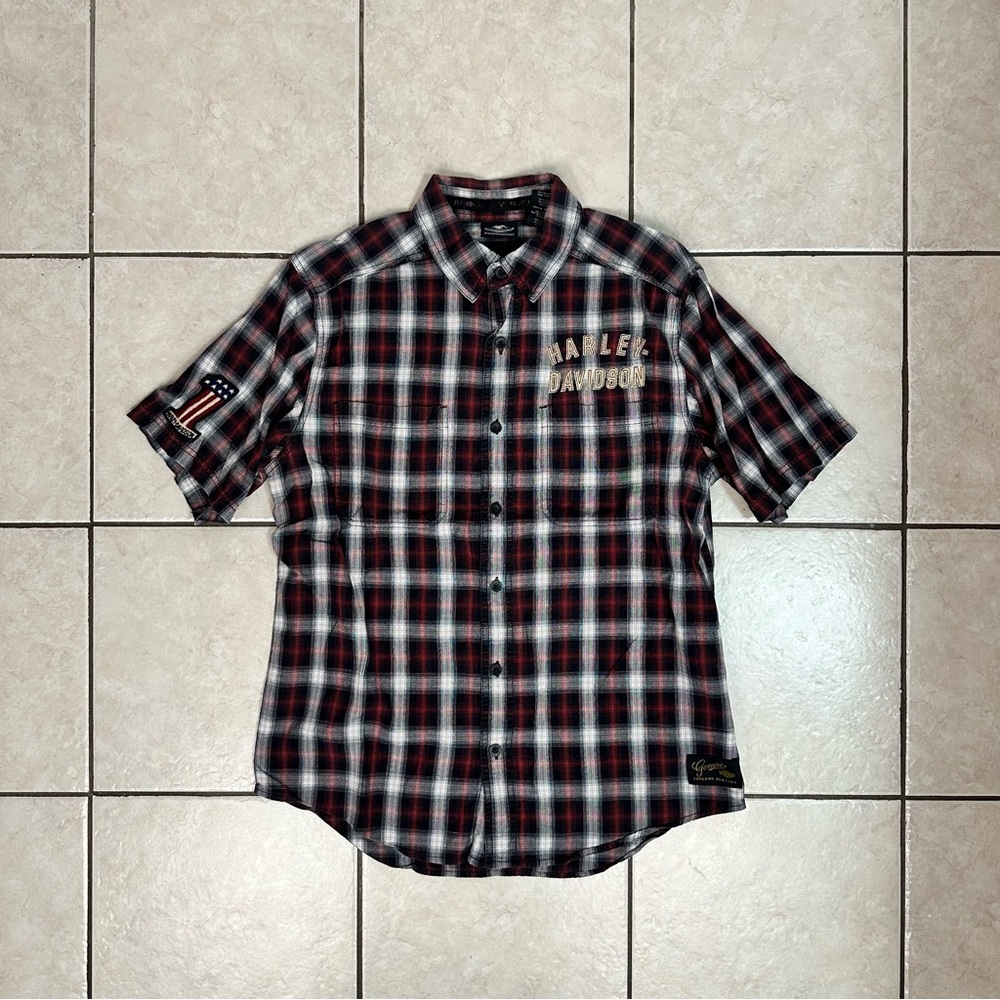 Men’s Large Harley Davidson Motorcycles Button Down Plaid Short Sleeve Shirt